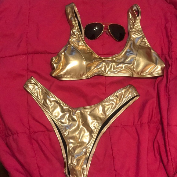 Gold Metallic two piece cheeky swim - Picture 2 of 4